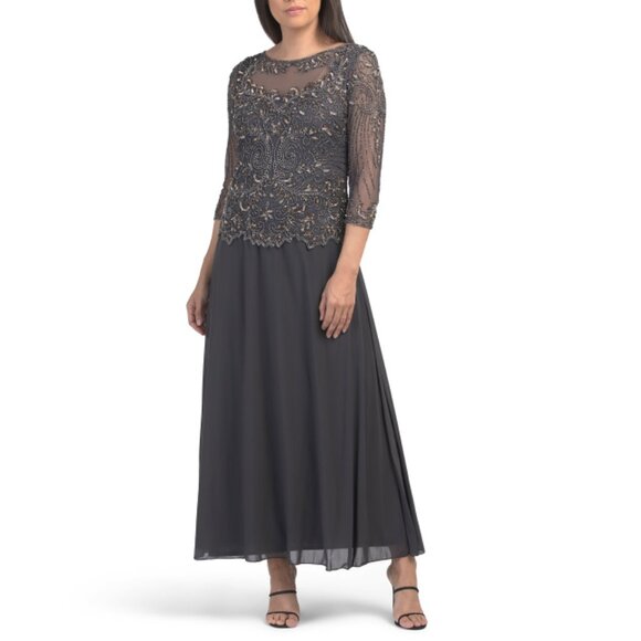 PISSARO NIGHTS Ash Long Sleeve Beaded Gown - Picture 1 of 2